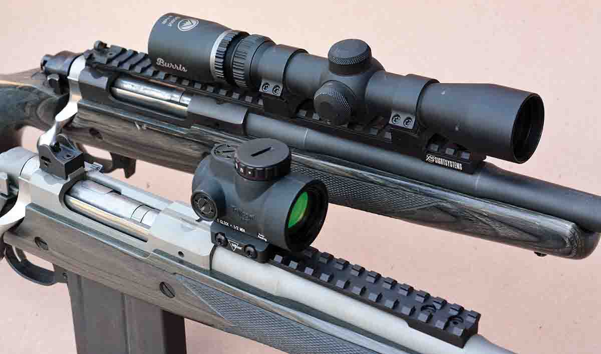 Scout scopes with intermediate eye relief and variable magnification such as the Burris 2-7x32 Scout Scope are a top choice for hunting with the Ruger Gunsite Scout rifle, while the Trijicon MRO-C 1x25 2-MOA reflex sight is a popular choice for tactical applications.